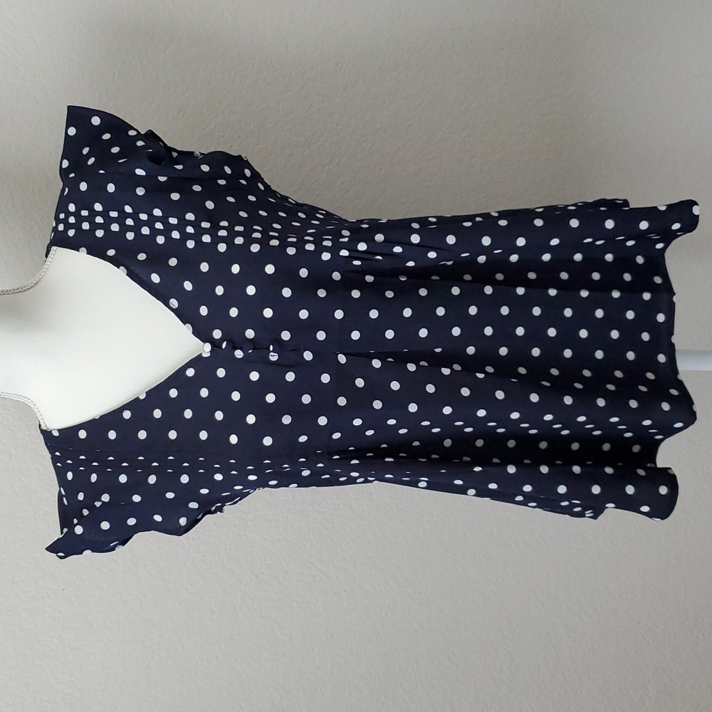 Wanna B Navy Polka Dot Flutter Sleeve Blouse V-Neck Flowy Spring Size S